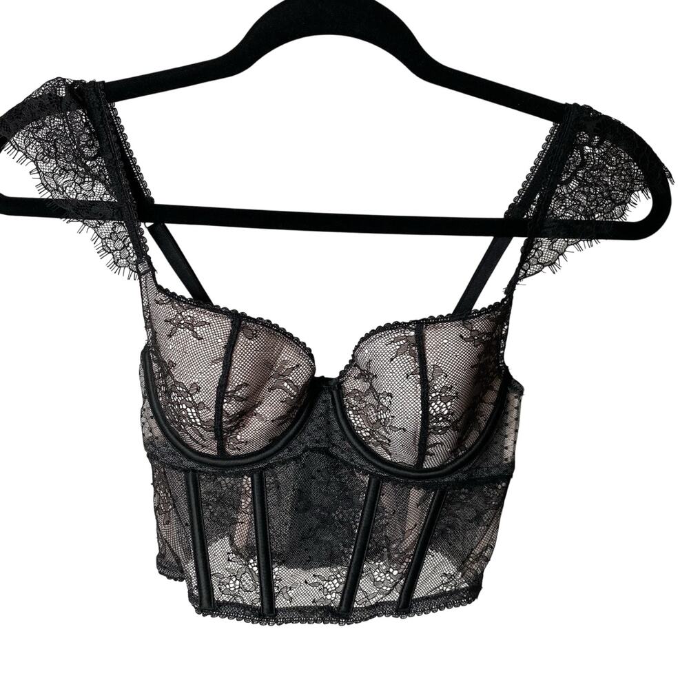 Victoria's Secret Dream Angels Lace Cap-Sleeve Corset Top Women's XS Black Lace